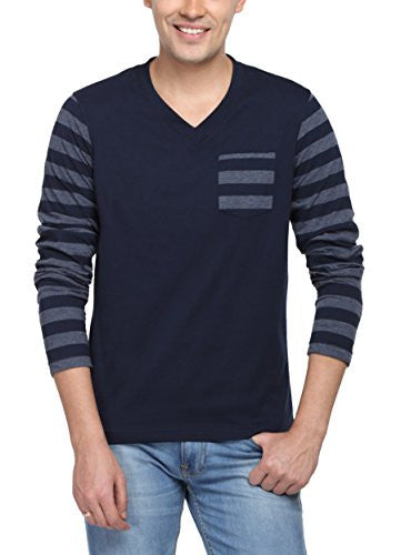 PepperClub Men's Cotton V-Neck Full Sleeve Tshirt With Striped Sleeves And Pocket