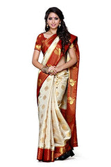 Mimosa Women's Traditional Art Silk Saree Kanjivaram Style With Blouse Color:Off White(3301-200-HWT-MRN )