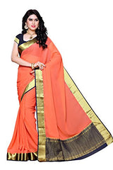 Mimosa Women's Traditional Chiffon Silk Saree Kanjivaram Style With Blouse Color:Peach(3309-2095-PCH-NVY )