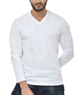 Neevov Men's V- Neck Cotton White T-Shirt Full Sleeve-L