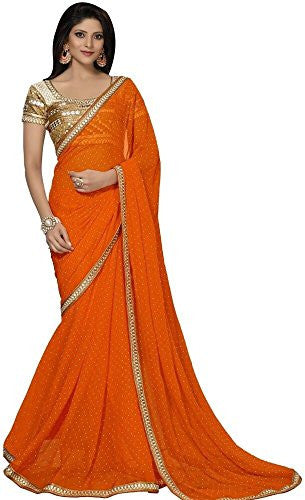 Rewa Enterprises Georgette Party Wear Fancy Saree With Designer Blouse Piece - Orange
