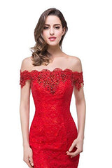 Off Shoulder Lace Long Bridesmaid Maxi Mermaid Prom Dress for Wedding CPS199, Red, 8