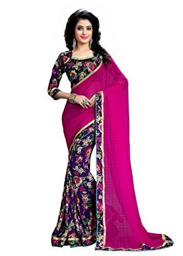 Oomph! Women's Chiffon Sarees Party Wear/Fancy Chiffon Sarees/Printed Chiffon Sarees - Magenta & Indigo Blue