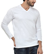 Neevov Men's V- Neck Cotton White T-Shirt Full Sleeve-L
