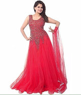 Clickedia Women's Net Semi Stitched Anarkali Salwar Suit (Red Net Gown_Red)