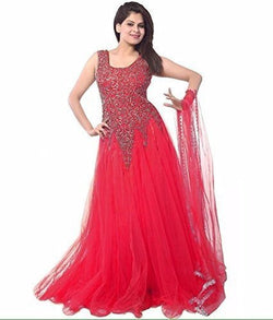 Clickedia Women's Net Semi Stitched Anarkali Salwar Suit (Red Net Gown_Red)