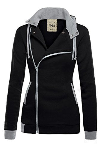 DJT Womens Oblique Zipper Slim Fit Hoodie Jacket Small Black