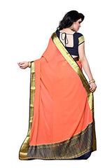 Mimosa Women's Traditional Chiffon Silk Saree Kanjivaram Style With Blouse Color:Peach(3309-2095-PCH-NVY )