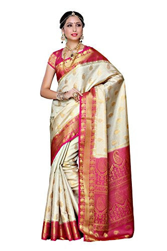 Mimosa Women's Traditional Art Silk Saree Kanjivaram Style With Blouse Color:Off White(3300-225-HWT-RNI )