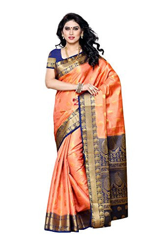 Mimosa Women's Traditional Art Silk Saree Kanjivaram Style With Blouse Color:Peach(3300-225-PCH-NVY )