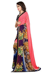 Oomph! Women's Georgette Sarees Party Wear/Fancy Georgette Sarees/Printed Georgette Sarees - Punch Pink &amp; Navy Blue