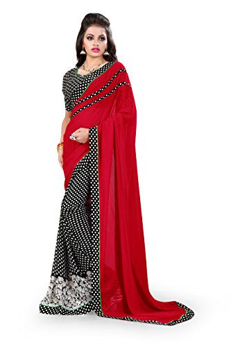 Oomph! Women's Georgette Sarees Party Wear/Fancy Georgette Sarees/Printed Georgette Sarees - Scarlet & Iron Grey