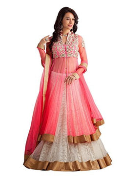 Clickedia Women's Net With Heavy Work Pink & White Lehenga Suit- Dress Material