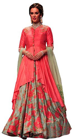 Clickedia Women's Banglory Silk Peach Semi Stitched Lehenga Suit