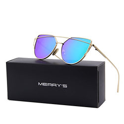 MERRY'S Fashion Women Cat Eye Sunglasses Coating Mirror Lens Sun glasses UV400 S7882 (Gold&Green, 56)