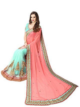 Panchratna Women'S Orange and Sky georegette ethnic saree with blouse piece material...