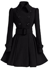 Generic Womens Stylish Double-Breasted Belted Long Peacoats Black S