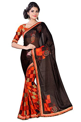 Oomph! Women's Georgette Sarees Party Wear/Fancy Georgette Sarees/Printed Georgette Sarees - Chocolate Brown & Scarlet