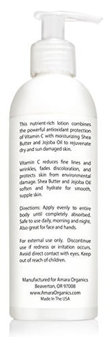 Amara Organics Vitamin C Face & Body Lotion 15% - With Shea Butter & Jojoba Oil - 8 oz