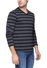 PepperClub Men's Cotton Vneck Full Sleeve T-shirt -Stripe - Black