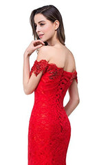Off Shoulder Lace Long Bridesmaid Maxi Mermaid Prom Dress for Wedding CPS199, Red, 8