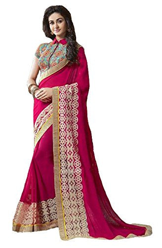 V-Art Women's Faux Georgette Saree With Blouse Piece (Dcmtnrgpink_Pink)