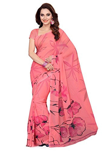 Ishin Faux Georgette Peach Floral Printed Women's Saree.