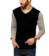 Tripr Men's V-Neck Full Sleeves Tshirt Black grey (Large)