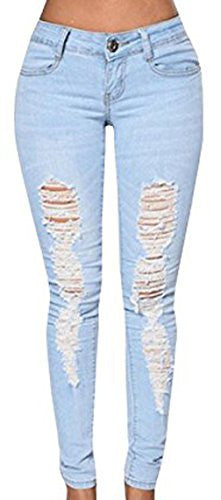 Dellytop Women's Blue Denim Stretch Jeans Destroy Skinny Ripped Distressed Pants, Blue, Large