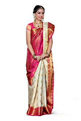 Mimosa Women's Traditional Art Silk Saree Kanjivaram Style With Blouse Color:Off White(3300-225-HWT-RNI )