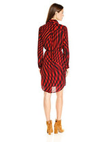 Vince Camuto Women's Long Sleeve Swept Check Belted Dress with Neck Scarf, Radiant Red, Medium