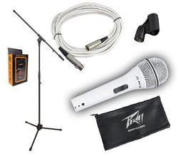 Peavey PVi2 White Microphone w/Mic Clip & Carrying Bag + Ultimate Microphone JamStand Series + 20 Feet XLR to XLR White Cable