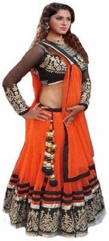 Sky Global Women's Embroidered Georgette Black &amp; Orange Lehenga Choli (Lehnga_123_Free Size_Black&amp;Orange)