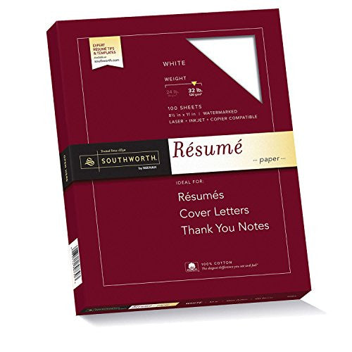 Southworth Exceptional Resume Paper, 100% Cotton, 32 lb, white, 100 Count (RD18CF)