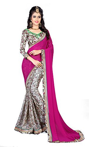 Oomph! Women's Georgette Sarees Party Wear/Fancy Georgette Sarees/Printed Georgette Sarees - Magenta & Porpoise Grey