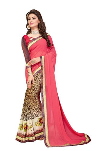 Oomph! Women's Georgette Sarees Party Wear/Fancy Georgette Sarees/Printed Georgette Sarees - Coral & Penny Brown