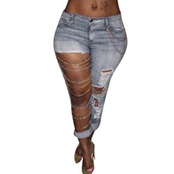 Elevin(TM)Women Hole Ripped Distressed Slim Boyfriend Denim Jeans Pants Trousers (XL)
