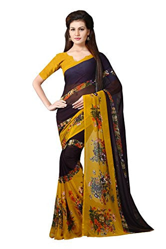 Livie Women's Georgette Sarees Party Wear/Fancy Georgette Sarees/Printed Georgette Sarees - Brunette Brown & Mustard Yellow