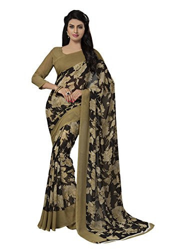 Ishin Faux Georgette Beige & Black Floral Printed Women's Saree.
