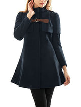 Allegra K Women Buckle fastening Worsted Caped Flare Long Coat Blue S