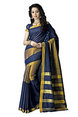 ISHIN Cotton Blue &amp; Golden Solid Party Wear Saree
