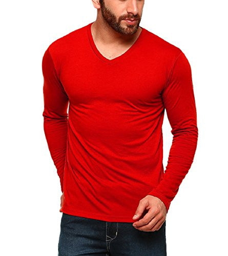 Tripr Men's V-Neck Full Sleeves Tshirt Red (Large)