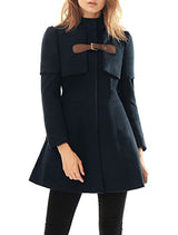 Allegra K Women Buckle fastening Worsted Caped Flare Long Coat Blue S