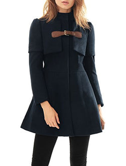 Allegra K Women Buckle fastening Worsted Caped Flare Long Coat Blue S