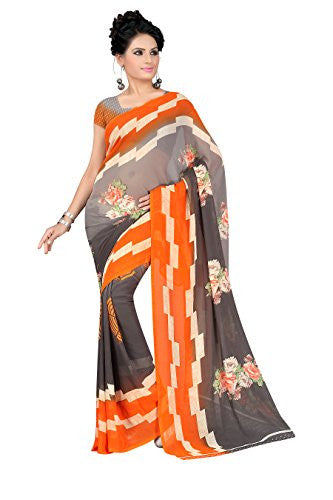 Livie Women's Georgette Sarees Party Wear/Fancy Georgette Sarees/Printed Georgette Sarees - Lead Grey & Tangerine