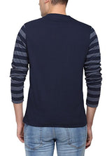 PepperClub Men's Cotton V-Neck Full Sleeve Tshirt With Striped Sleeves And Pocket