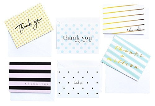 Modern Chic Thank You Cards by Luxye - 36 Note Cards 6 Designs Blank Inside with Envelopes - Made in USA