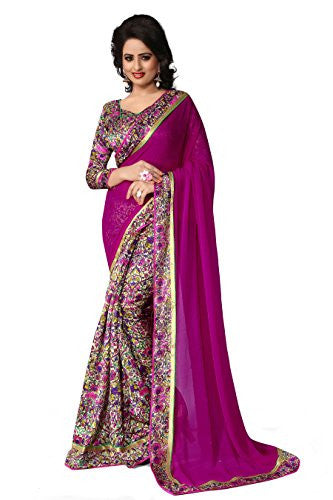 Oomph! Georgette Saree With Printed Skirt and Plain Pallu (Half and half Magenta)