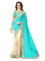 Glory Sarees Women's Georgette Saree (Sukanya blue saree_blue &amp; beige)