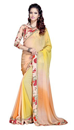 Oomph! Women's Georgette Sarees Party Wear/Fancy Georgette Sarees/Printed Georgette Sarees - Peach & Butter Yellow